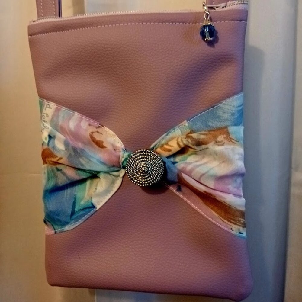 NEW Little Lilac vinyl Bow Bag Jewel tone floral print chiffon accent Evening